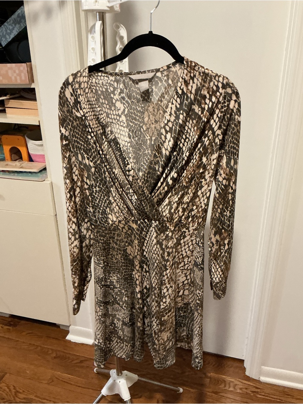 H&M Snake-Print Long-Sleeve Wrap Dress in Brown and Cream
